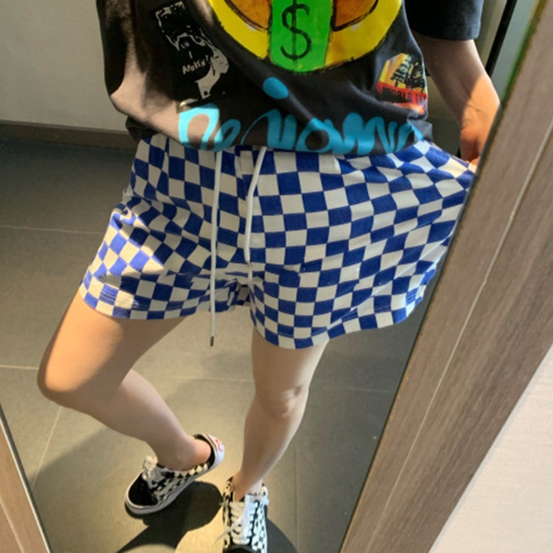Quần Short Nữ Lưng Cao Ống Rộng Họa Tiết Caro Thời Trang
