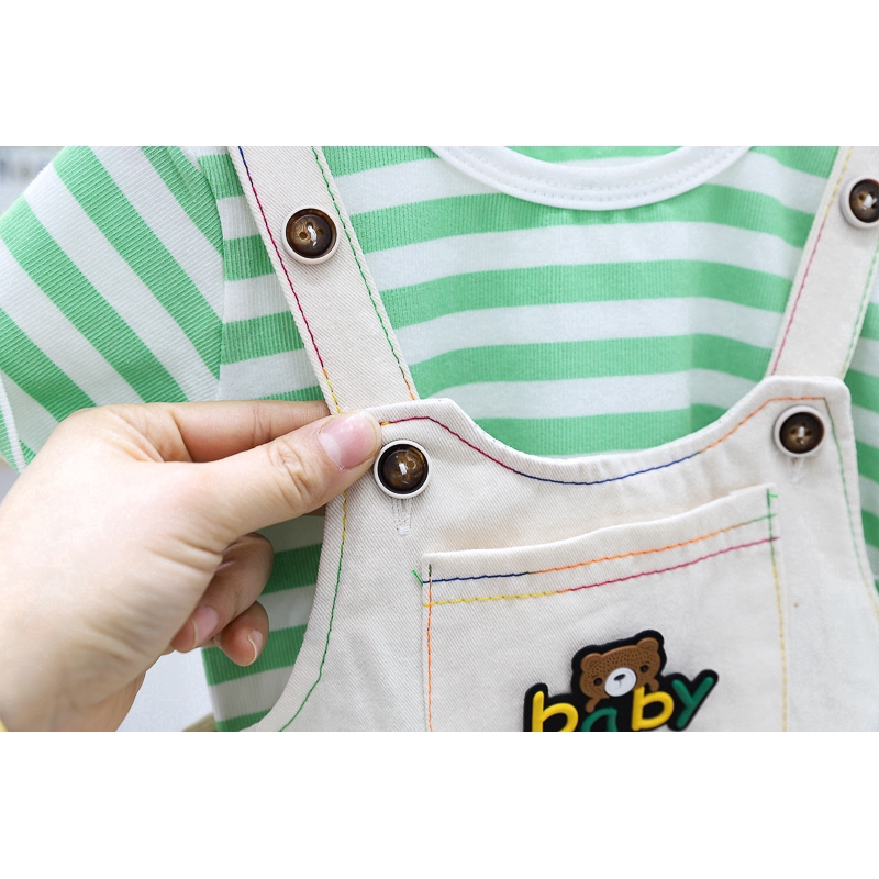 Bộ đồ 2 món áo thun kẻ sọc tay ngắn cotton và quần yếm dành cho bé 0-5 tuổi