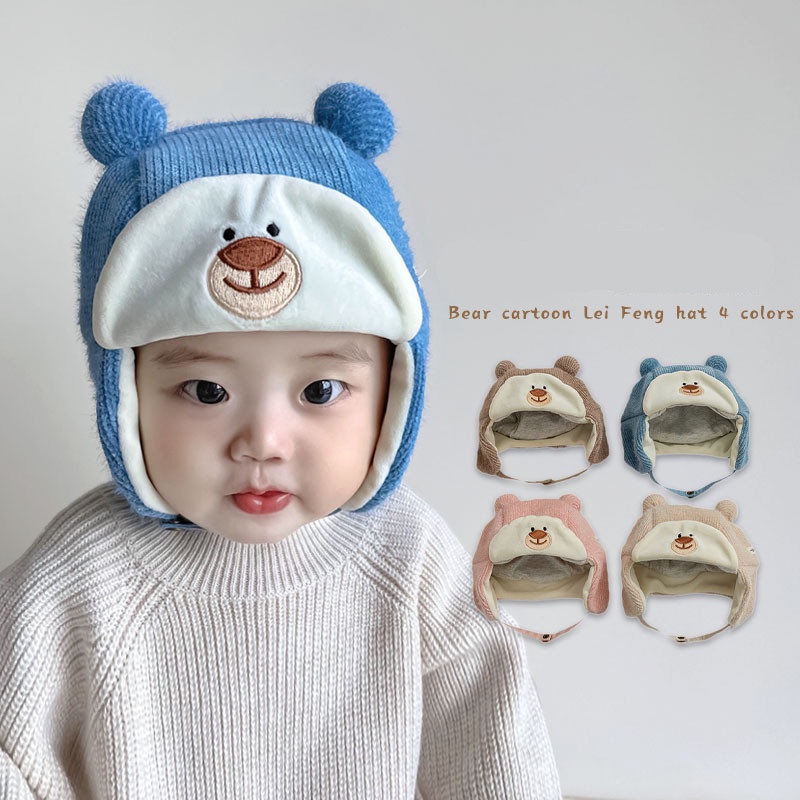 Mũ Tai Bèo Dày Dặn Thêu Họa Tiết Gấu Hoạt Hình Dễ Thương Giữ Ấm Mùa Thu Đông Cho Bé