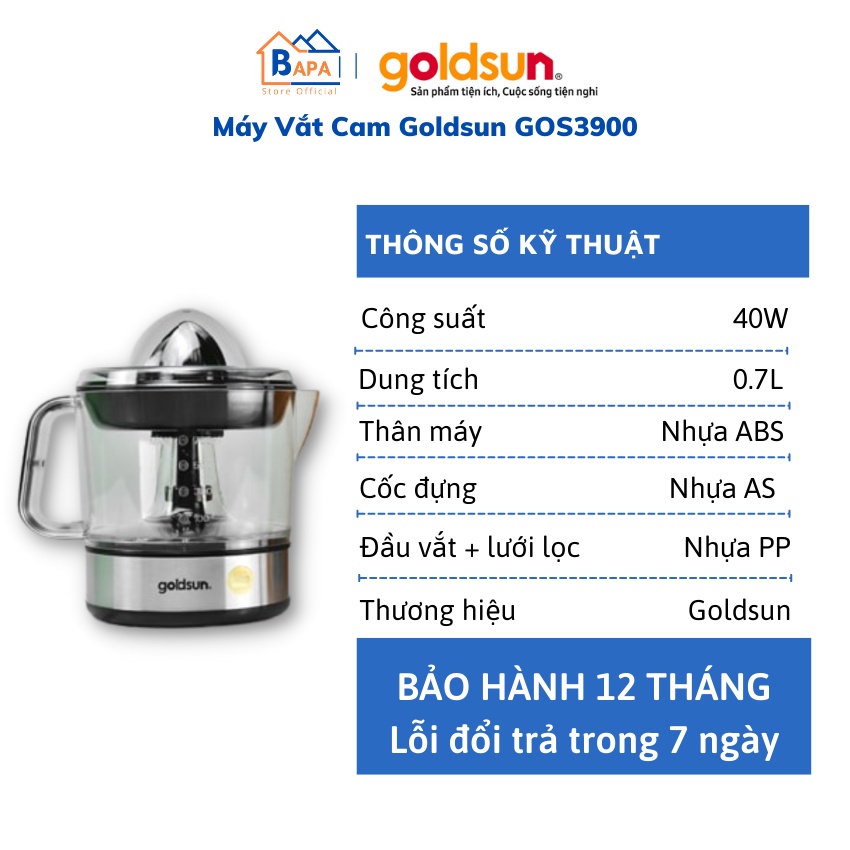 Máy Vắt Cam Bằng Điện Goldsun GOS3900 - Máy Ép Cam Dung tích 700mL - Công suất 40W - Bảo Hành 12 tháng