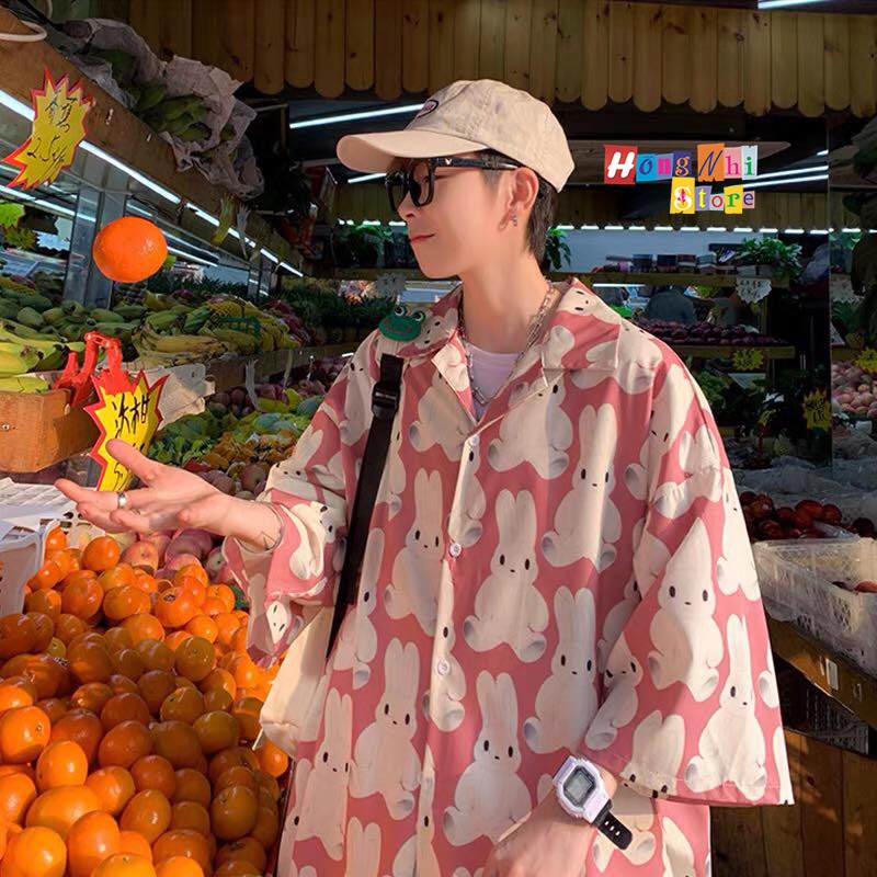 Áo Sơ Mi Họa Tiết Đi Biển Con Thỏ Trắng Hoạt Hình Tay Lỡ Dáng Rộng Ulzzang Unisex - MM