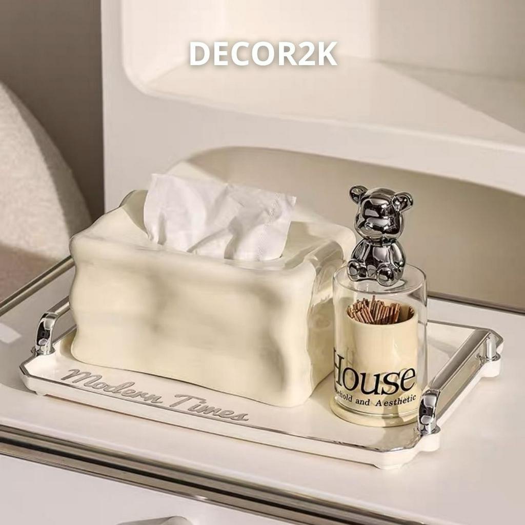 SẴN BẠC Hộp Khăn Đựng Giấy Ăn Thiết Kế Đơn Giản Bằng Gốm Sứ Cao Cấp Phối Phụ Kiện Gấu Thỏ Cực Xinh