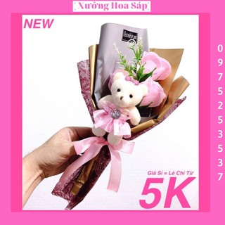 Hoa Hồng Sáp Mẫu Mới Bó 3 Bông + Gấu Siêu Hot (Hình Thật)
