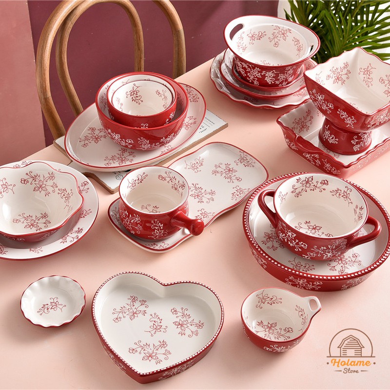 Bát đĩa, bát đĩa sứ trang trí họa tiết hoa trắng nền đỏ - phụ kiện bàn ăn – bán lẻ theo món
