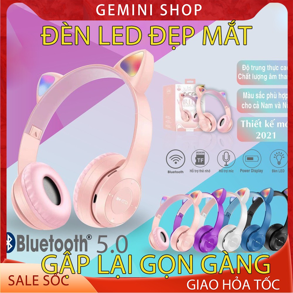 Tai Nghe Bluetooth P47-M Chụp tai có Mic Headphone không dây Dễ Thương tai mèo nghe nhạc, chơi game GEMINI SHOP