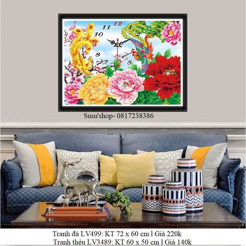 Tranh thêu chữ thập ( giá sỉ) đồng hồ long phụng sum vầy LV3489 (60 x 50 cm), Tranh đá LV499 (72x60cm)