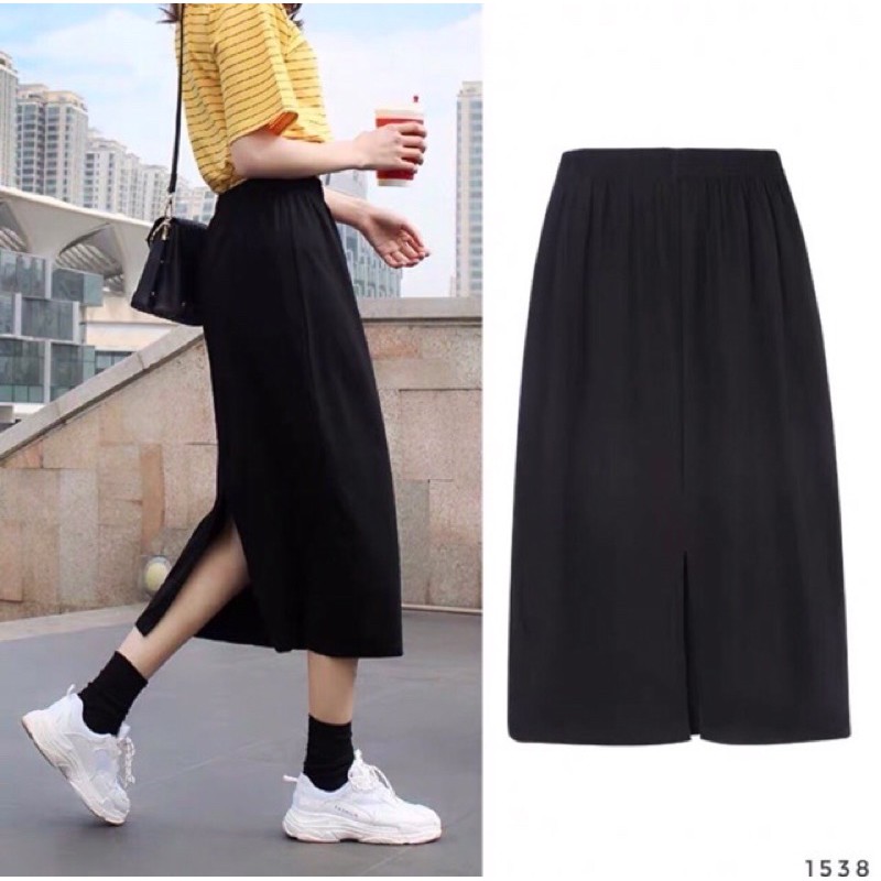 [Ảnh thật/Video] Chân váy suông cạp cao chất thun dáng dài xẻ tà Chân váy cotton trơn | BigBuy360 - bigbuy360.vn