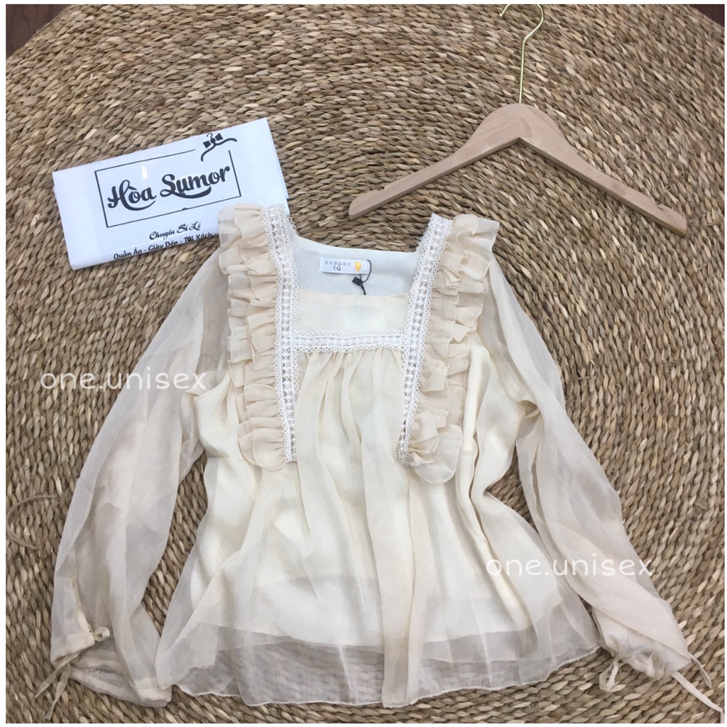 Áo bánh bèo nữ chất voan phối ren cổ vuông kiểu dáng babydoll tiểu thư sang chảnh