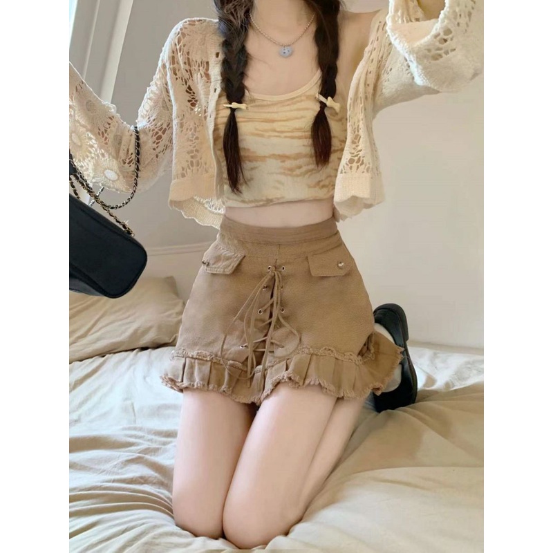 QKOOLE  Áo Khoác cardigan + Áo Sát Nách Nhuộm Màu Thời Trang Hàn Quốc Cho Nữ