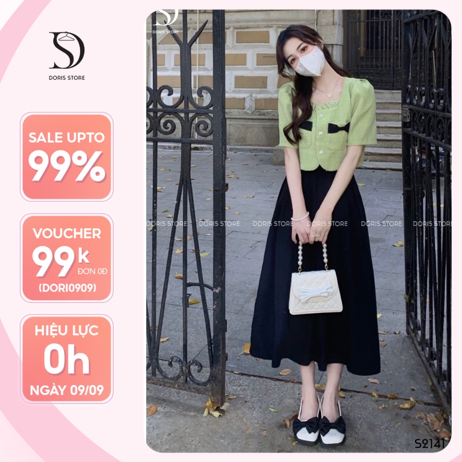 Set áo chân váy Tuýt xi chữ A dáng dài DORIS thiết kế áo croptop phối chân váy xếp ly eo chất liệu cao cấp S2141