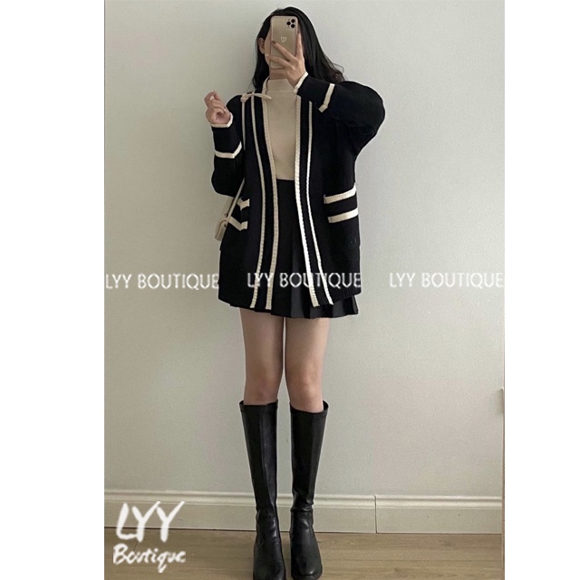 Áo cardigan len trơn viền nổi không cúc 2 túi trước 2 màu đen trắng LYY BOUTIQUE | BigBuy360 - bigbuy360.vn