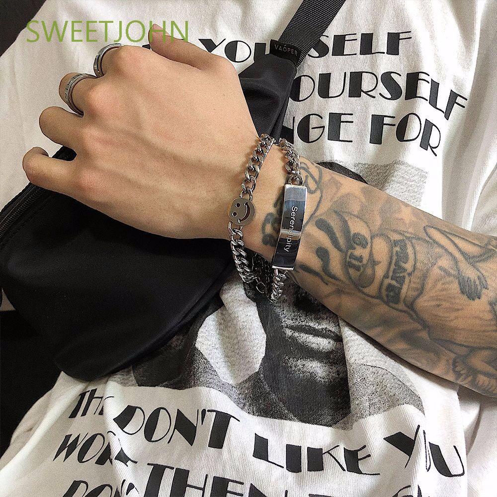 Vòng Đeo Tay Bằng Thép Titan Hình Mặt Cười / Vuông Phong Cách Punk Hàn Quốc Cổ Điển Có Thể Điều Chỉnh Cho Nam