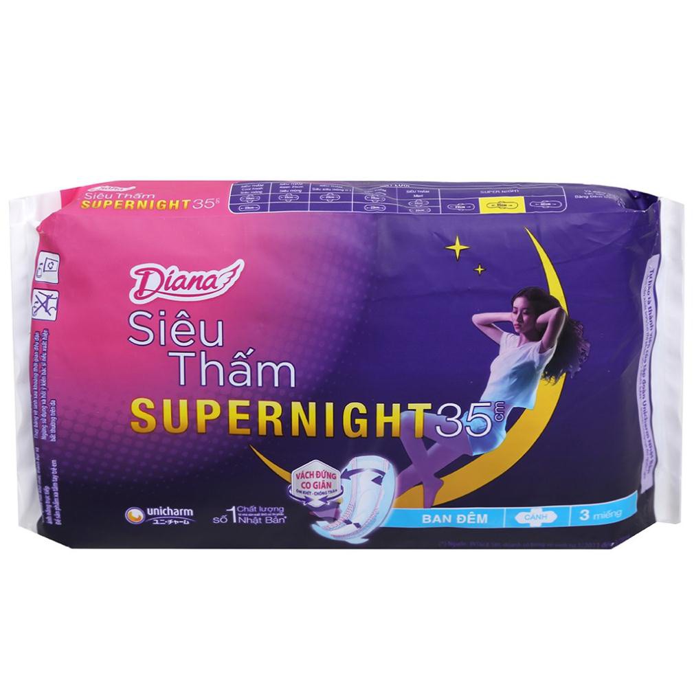 Băng Vệ Sinh Diana Super Night 35cm (3 miếng) /29cm (4 miếng) Có Cánh Ban Đêm