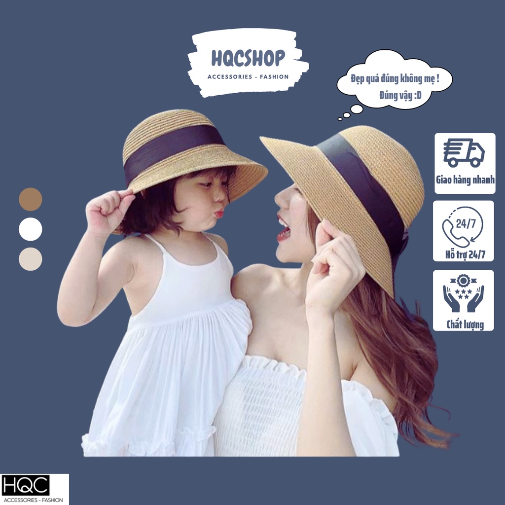Mũ cói cột đai dài cho mẹ và bé đi biển BL007