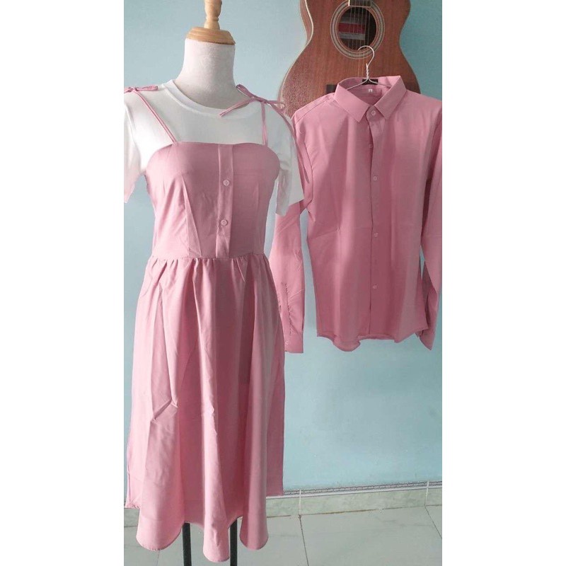 SET ĐỒ ĐÔI NAM NỮ ĐẸP COUPLE TINA SET ĐỒ CẶP NAM NỮ - SET ÁO THUN PHỐI VÁY 2 DÂY MÀU HỒNG PASTER SIU XINH CHO CÁC COUPLE