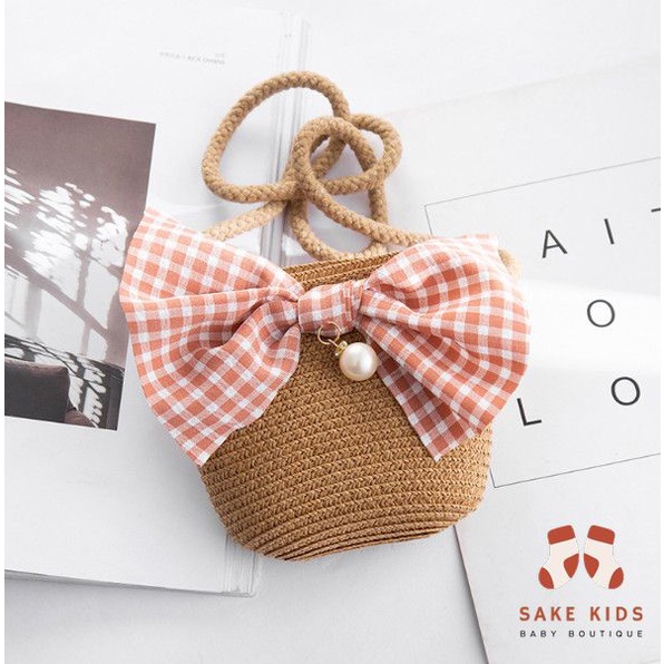 Túi cói mùa hè trẻ em, Túi đi biển dễ thương nhiều hình Nơ Thỏ có khóa kéo tiện lợi cho bé gái phong cách Hàn Quốc TC01