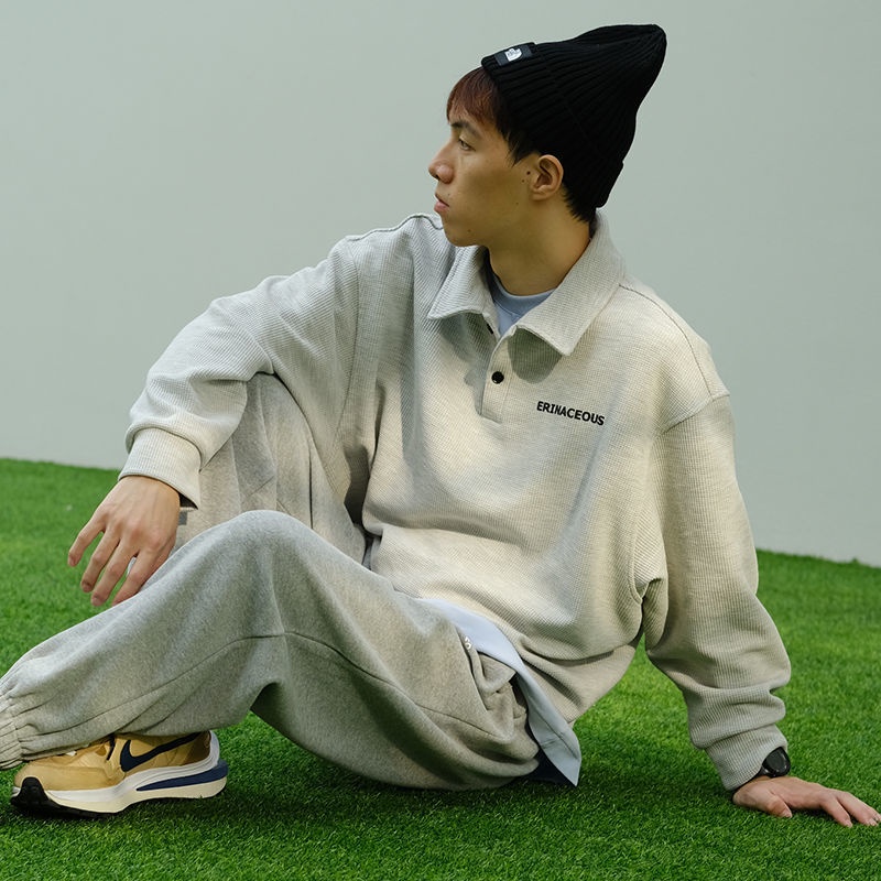 Áo sweater cổ bẻ dáng rộng thời trang xuân thu mới cá tính cho nam 2021