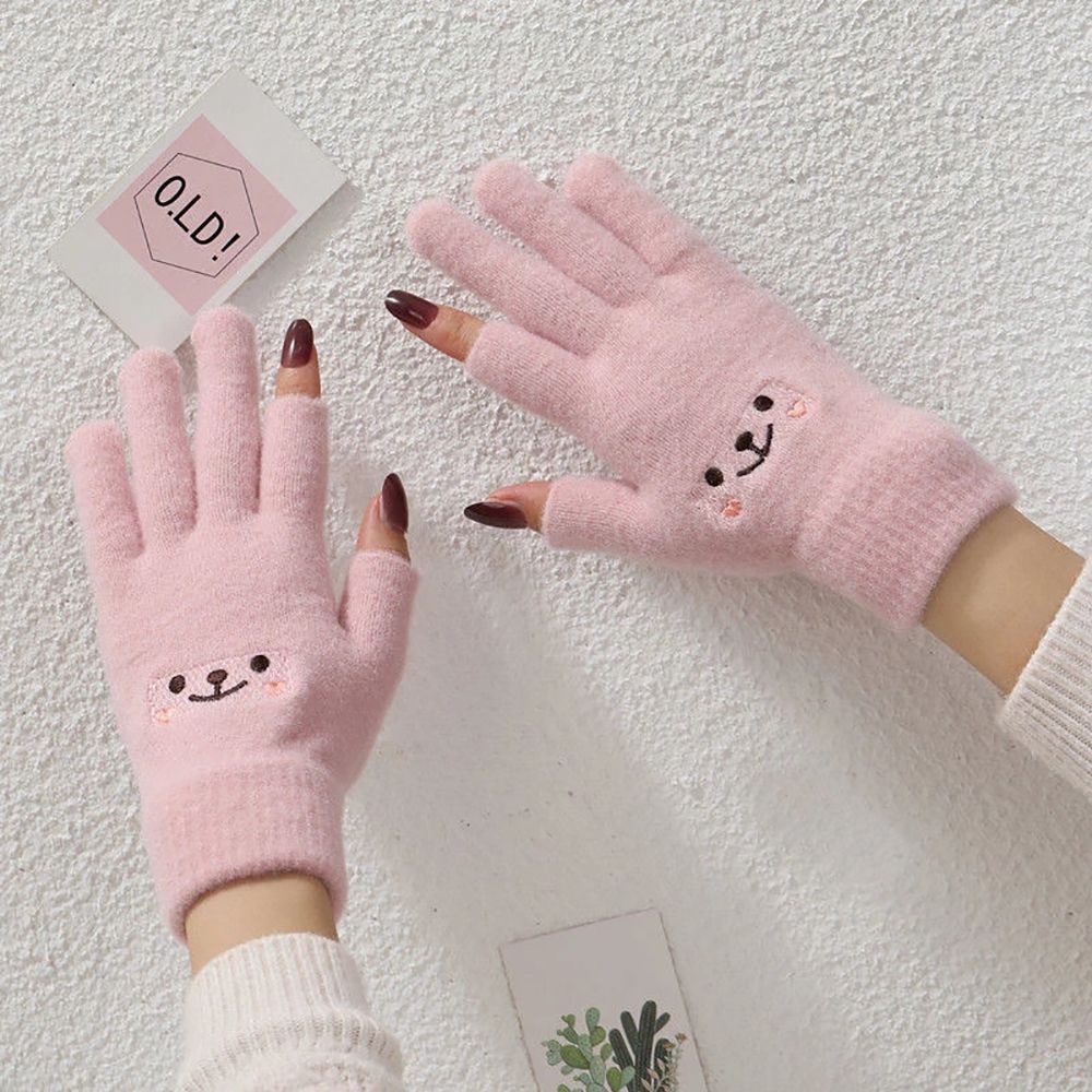 Găng tay len cashmere hở ngón giữ ấm họa tiết hoạt hình dễ thương thời trang mùa đông