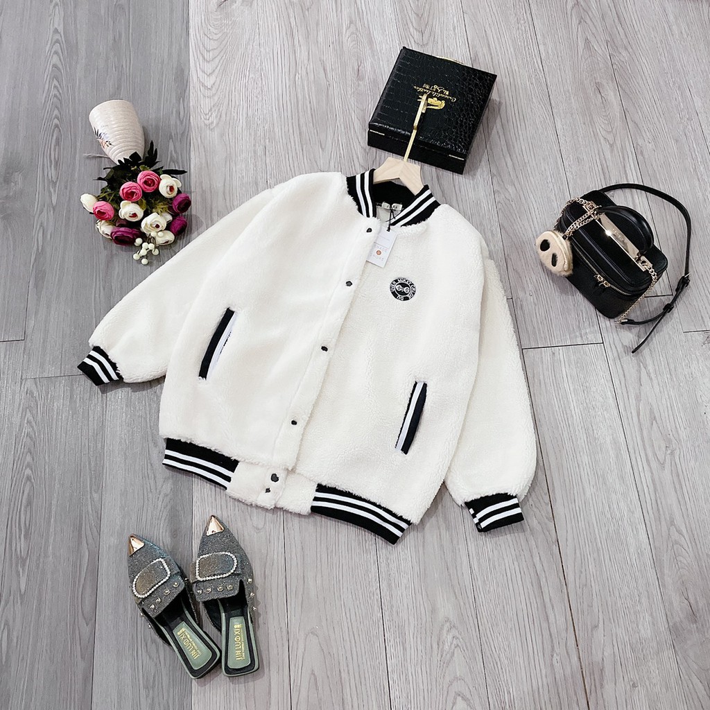 Áo Bomber Lông Cừu Thêu Chữ G G ❤ Áo Khoác Nữ Lông Dày Dặn Không Xù DH