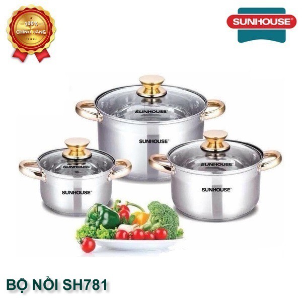 BỘ 3 NỒI INOX 5 ĐÁY 16-20-24cm SUNHOUSE SH781 / SHG788 – DÙNG ĐƯỢC CHO BẾP TỪ