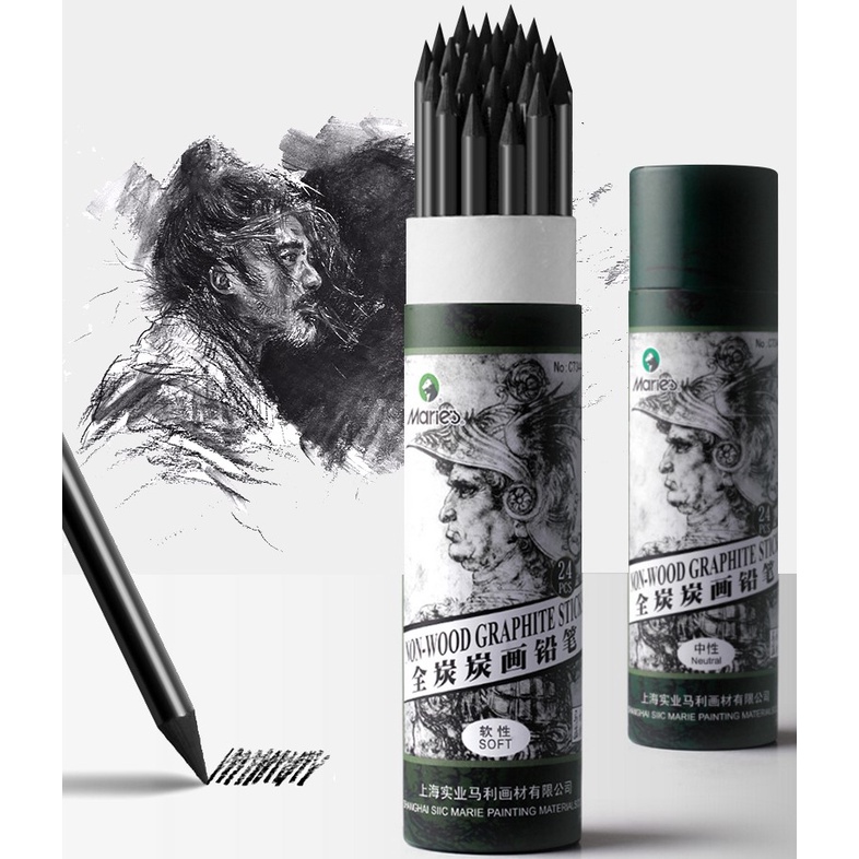Bút Chì Than Đặc Nguyên Cây Marie's Charcoal - Chì Than Đen Không Vỏ Vẽ Truyền Thần - Ký Họa Chuyên Dụng
