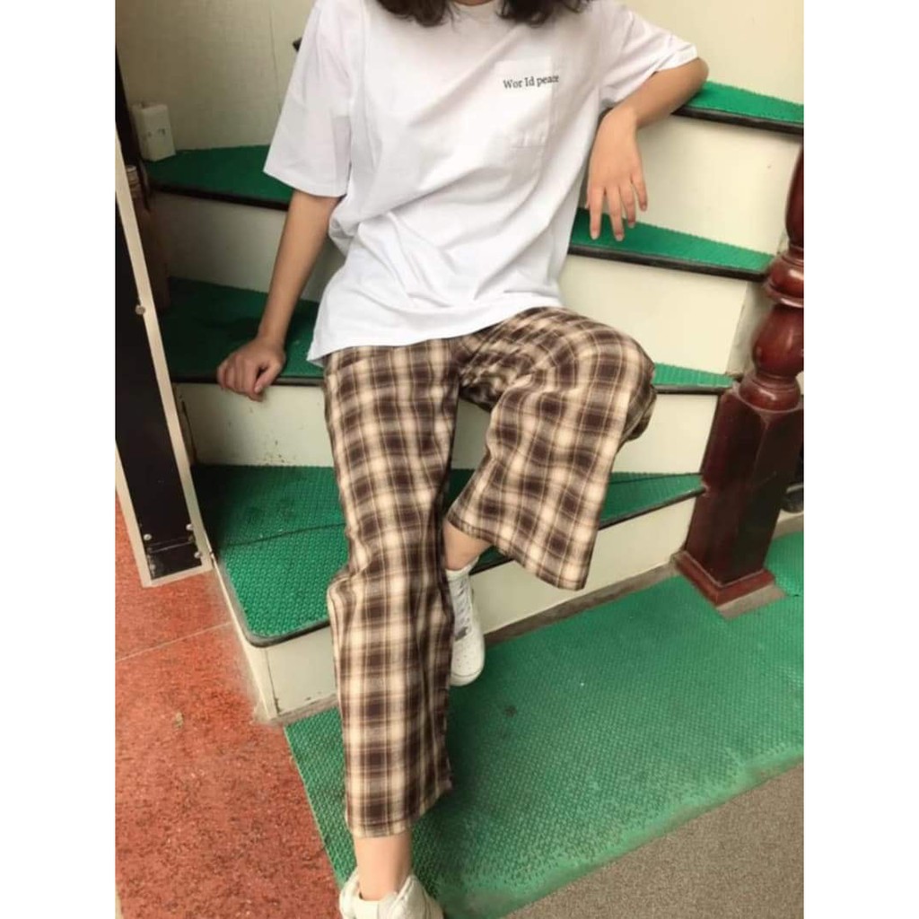 Q002 Quần suông dài vải kẻ caro nam nữ nâu đen dáng rộng oversize Ulzzang Quần baggy sọc freesize hot trend đi học chơi