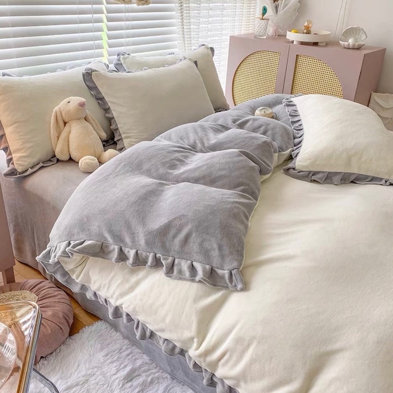 Set Bộ Vỏ Nỉ Mịn Trơn Viền Bèo,Chất Nhung Mềm, Êm, Giữ Nhiệt Tốt