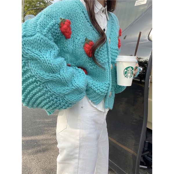 Áo khoác len dài tay dày dặn hình dâu tây hàng loại 1 chuẩn Quảng Châu