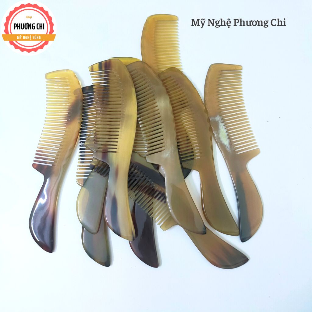 Lược sừng trâu chuôi chéo trơn trắng nưa dài 19cm, lược chải tóc gỡ rối massage đầu | Mỹ nghệ phương chi