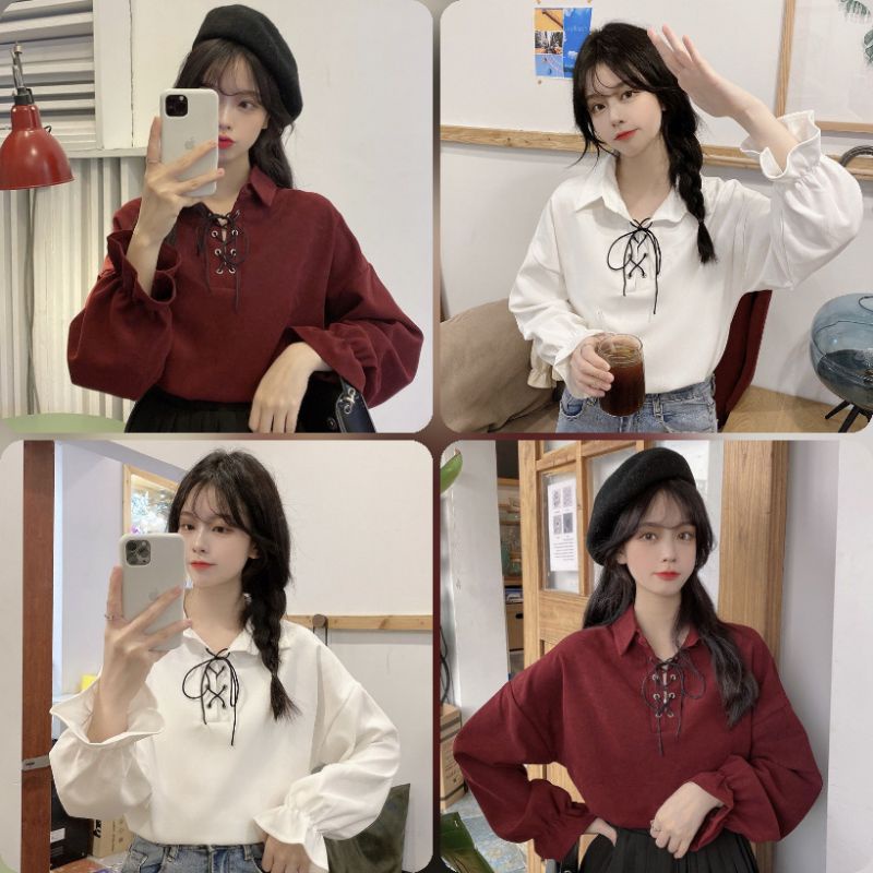 (ORDER) Áo sơ mi kiểu tay chuông bo chun đan dây chéo vải nhung mùa thu đông màu đỏ đô và trắng kiểu Hàn xinh xắn