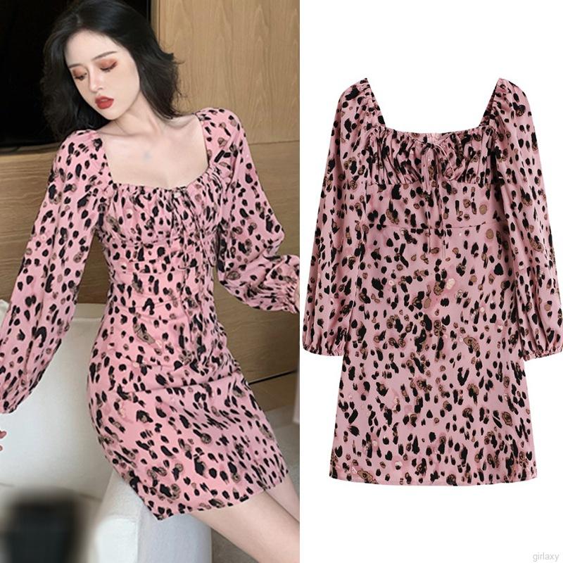 Đầm tay ngắn phồng cổ vuông in họa tiết da báo thời trang cho nữ