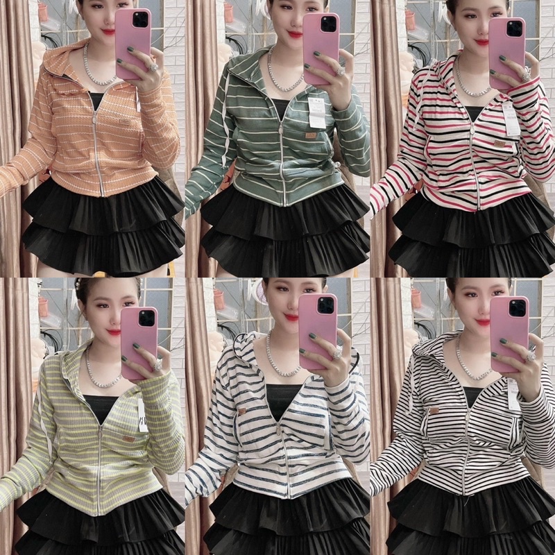 Áo Khoác Thun Nữ Có Túi Viền Sọc -Có Nón Chống Nắng Tay Dài