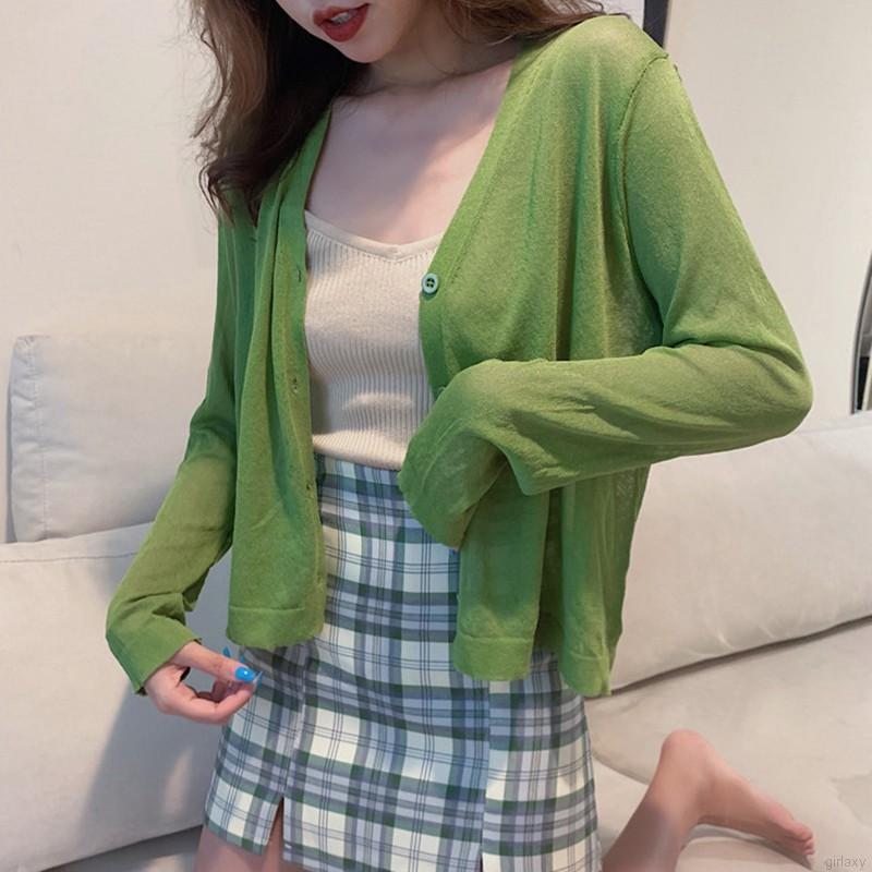 Áo Khoác Cardigan Dệt Kim Tay Dài Cổ Chữ V Màu Trơn Phong Cách Hàn Quốc Cho Nữ