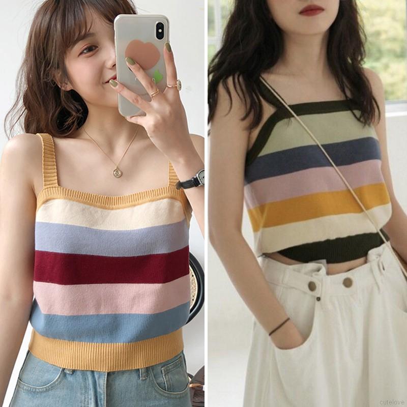 Áo Dệt Kim Nữ Không Tay Kẻ Sọc Gợi Cảm