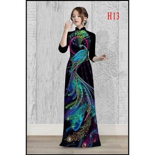 Áo Dài Lụa H13 Màu Đen Truyền Thống Họa Tiết Công