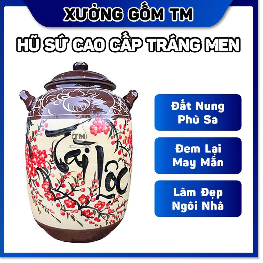 💕FREESHIP EXTRA💕 Hũ Sành Đựng Gạo, Ngâm Rượu TM Bát Tràng Tráng Men Vẽ Hoa Đào 10-15KG