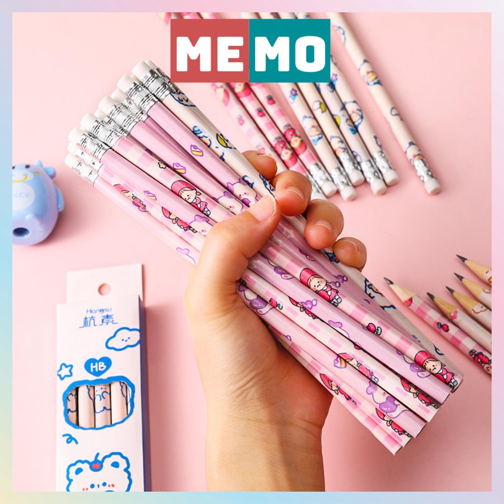 Bút chì, bút viết set 10 cây đầu tẩy cao su HB dụng cụ học tập cho học sinh MEMO