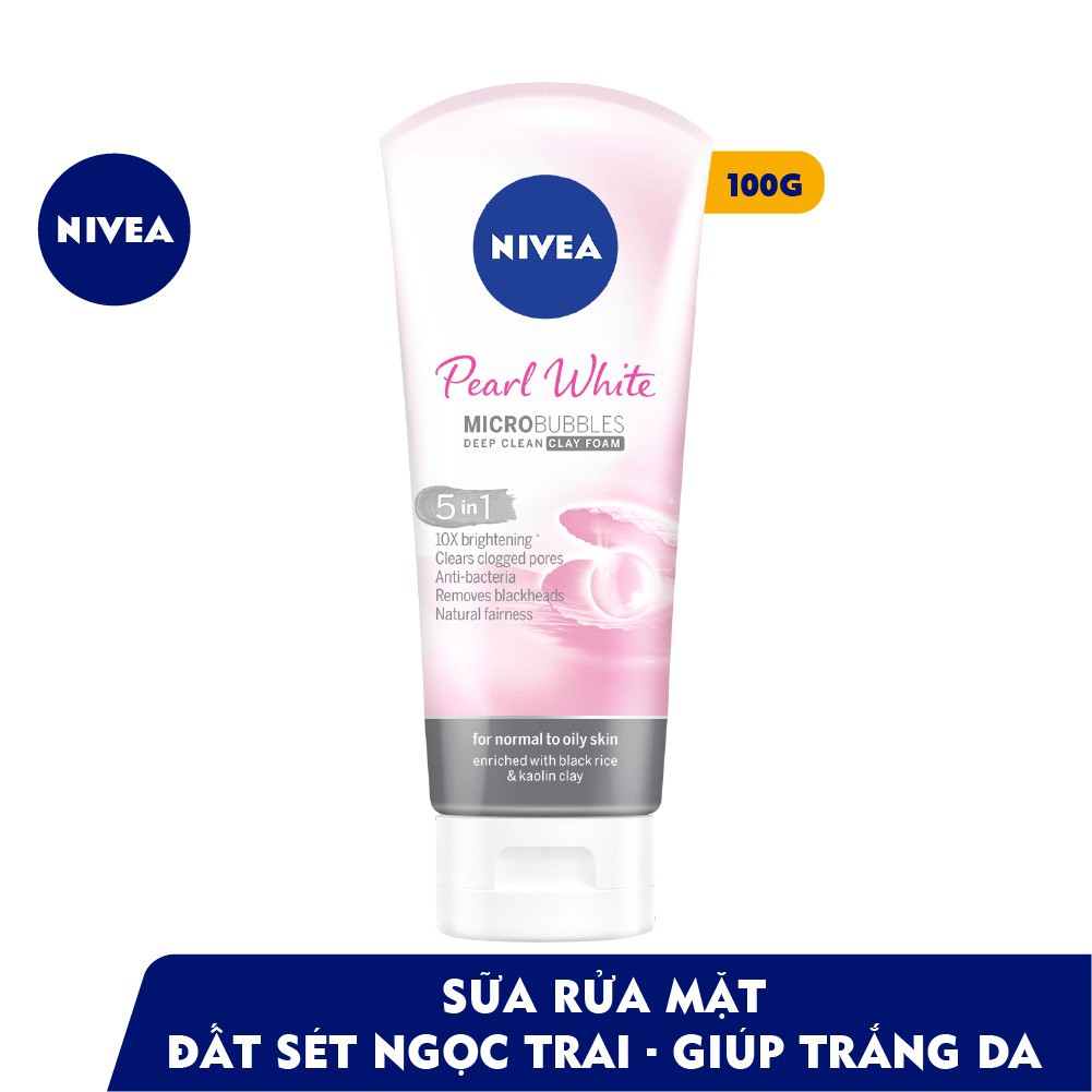 Sữa rửa mặt đất sét trắng da ngọc trai Nivea 5 in1 Pearl White Deep Clean Clay Foam 100gr