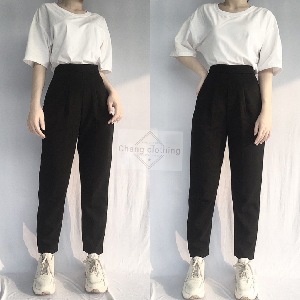 Quần tây baggy nữ lưng thun sau co giãn khóa kéo hông sườn chất vải mềm màu đen- Quần vải nữ cạp chun công sở mặc đi học