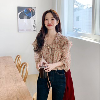 (ORDER-sẵn Be) Áo sơ mi nữ voan hoa nhí cổ phối bèo thắt nơ nhẹ nhàng vintage Hàn Quốc (NEW 2020)