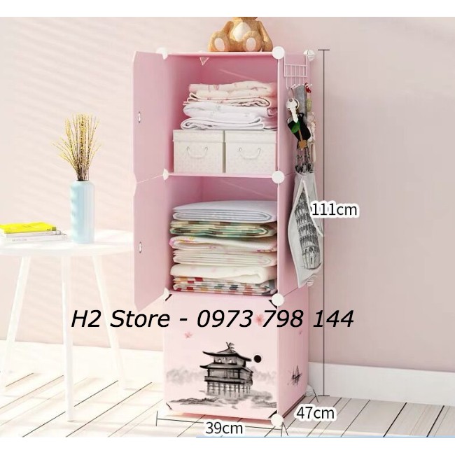 TỦ NHỰA LẮP GHÉP 3 Ô VÁCH HỒNG NHẠT CỬA HOA ANH ĐÀO ĐỂ ĐỒ ĐA NĂNG THÔNG MINH sâu 37cm