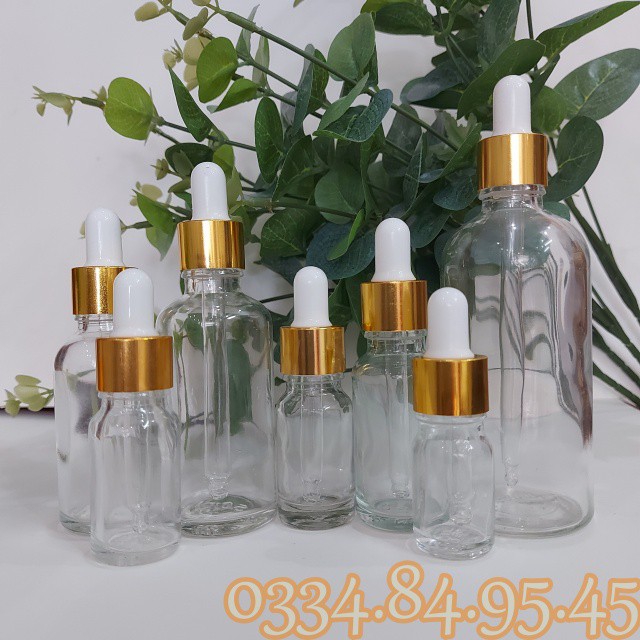 Chai thủy tinh rỗng TRONG nắp bóp VÀNG 5ml / 10ml / 20ml / 30ml / 50ml / 100ml , chai chiết serum mỹ phẩm du lịch