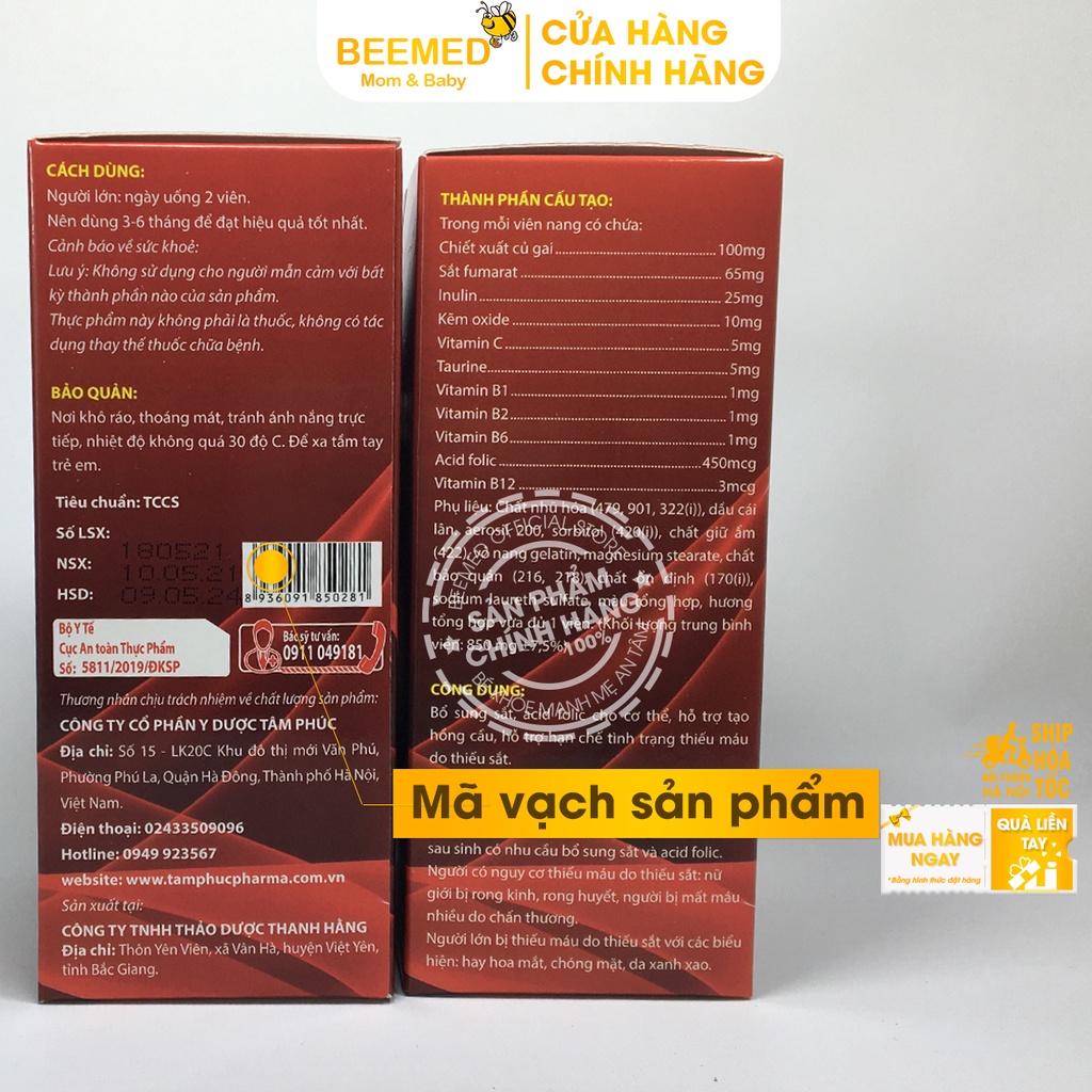 Vitamin cho mẹ bầu và sau sinh- Viên sắt bổ máu - Dưỡng huyết Iron Folic hộp 60 viên từ sắt hữu cơ và acid folic