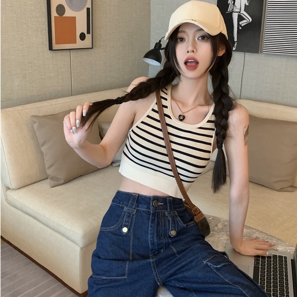 【ZHELIHANGFEI】Áo Dệt Kim Sát Nách Lưng Cao Họa Tiết Kẻ Sọc Phong Cách Quyến Rũ