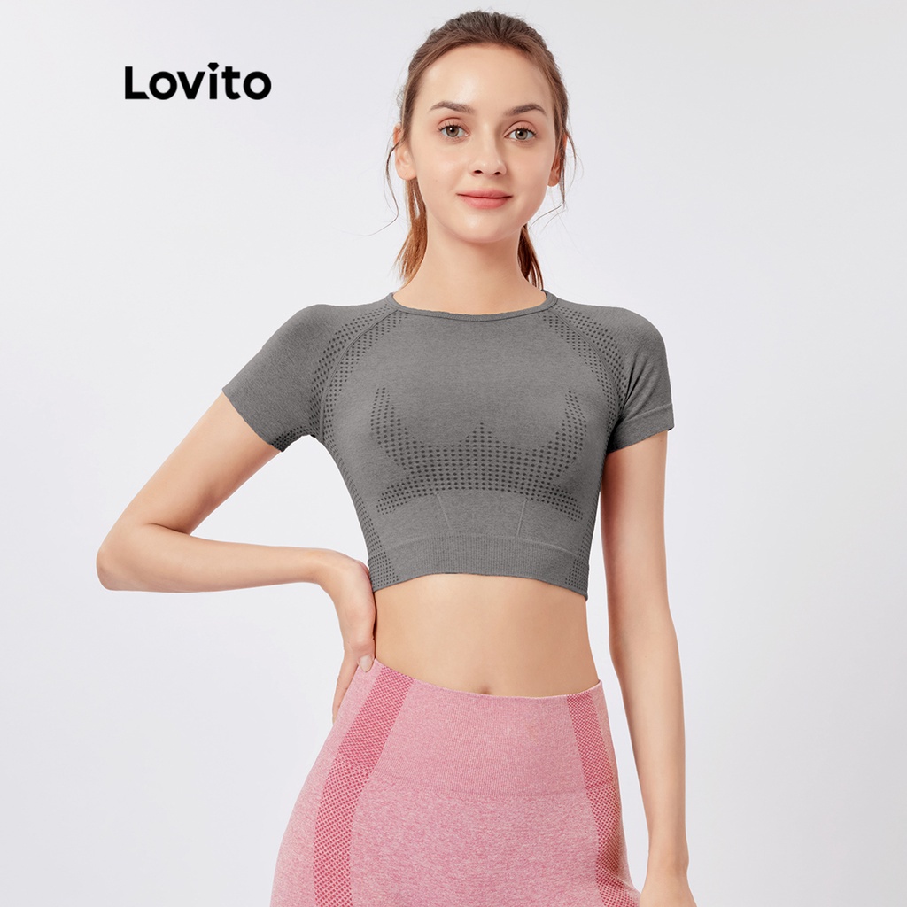 Áo thun Lovito không đường may màu trơn dáng ngắn co giãn cao thoáng khí phong cách thể thao L26AD028 (màu xám/hồng/tím/đen)