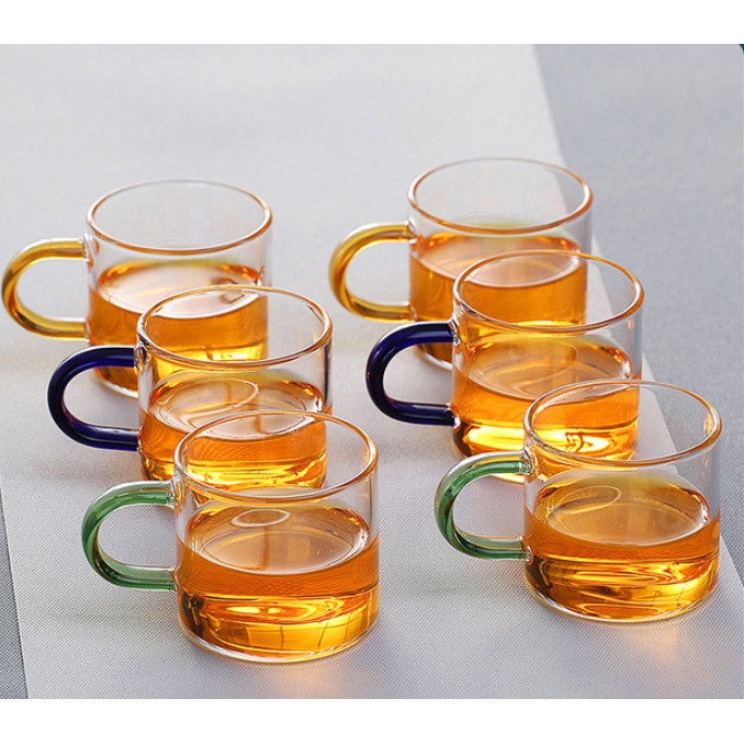 CHÉN TRÀ THỦY TINH CHỊU NHIỆT QUAI MÀU - SET 6 CHIẾC 120ML