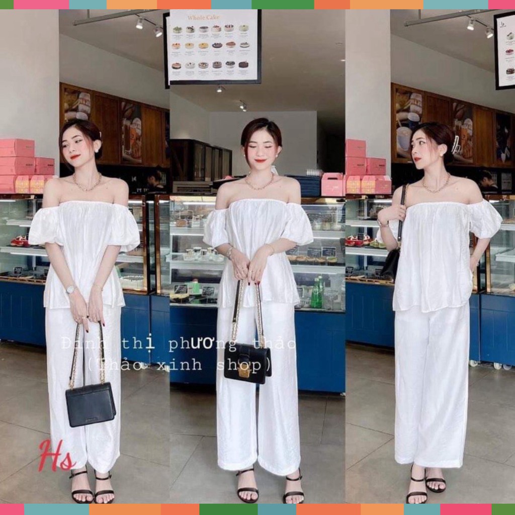 Set Bộ Áo Nữ Trễ Vai Quần Trắng Đũi Ống Rộng 2 Màu Siêu Xinh | BigBuy360 - bigbuy360.vn