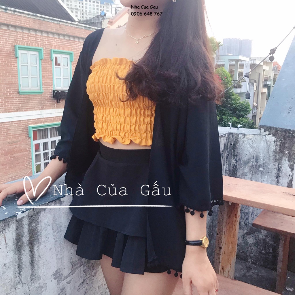 Áo khoác kimono tua bi voan mỏng đi biển