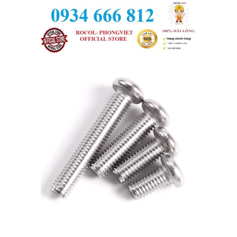 Set 50 cái M3-M6 Vít pake đầu tròn thân bulong inox304 M3, M4, M5, M6