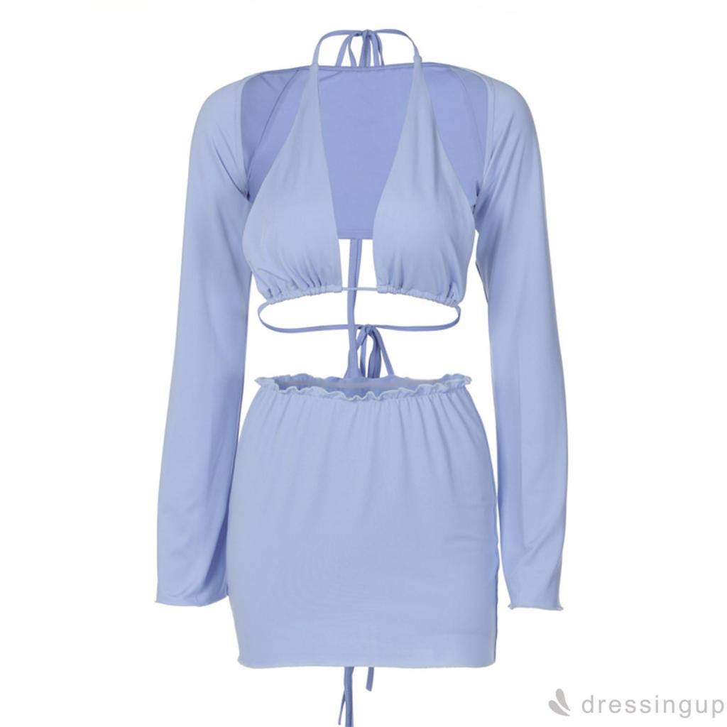 DRE-Women´s Three-Piece Outfits, Solid Color Hanging Neck Tie-Up Bra Style Vest + Long Sleeve Covering Tops + Elastic